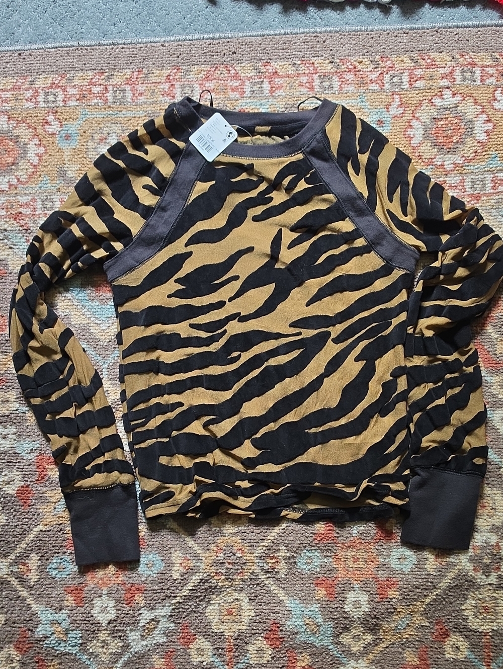 Free People Black and Mustard Animal Print Crewneck Sheer Medium